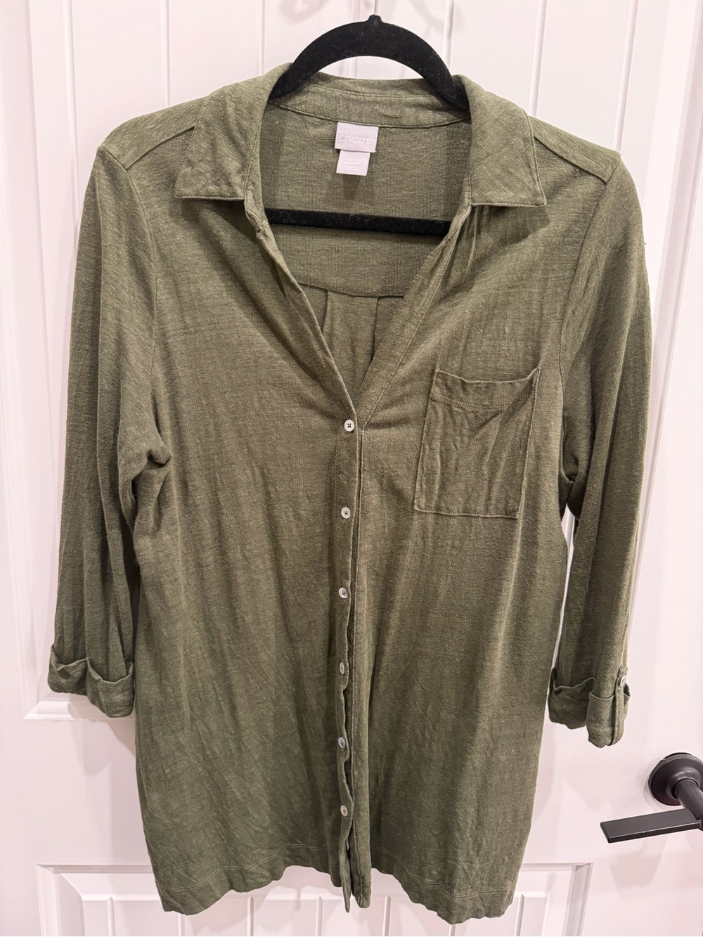 Chico’s Olive Green Button Front Tunic Shirt – Size 1 / Medium